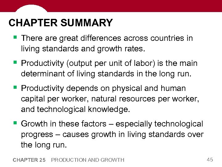 CHAPTER SUMMARY § There are great differences across countries in living standards and growth