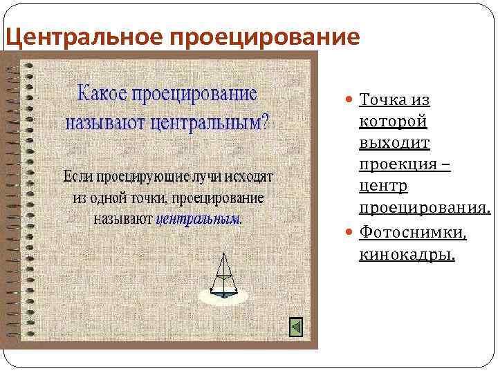 Центральное проецирование Точка из которой выходит проекция – центр проецирования. Фотоснимки, кинокадры. 