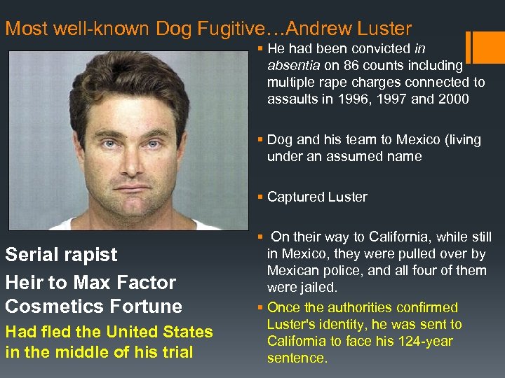 Most well-known Dog Fugitive…Andrew Luster § He had been convicted in absentia on 86