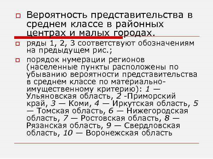 o o o Вероятность представительства в среднем классе в районных центрах и малых городах.