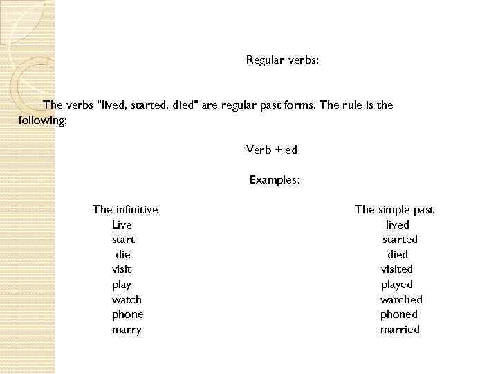 Regular verbs: The verbs 