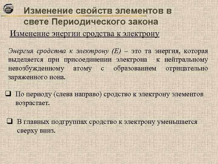 Изменение свойств элементов в свете Периодического закона Изменение энергии сродства к электрону Энергия сродства