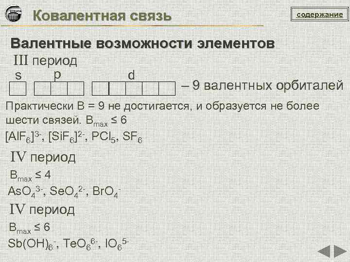 Ковалентная связь содержание Валентные возможности элементов III период s p d – 9 валентных