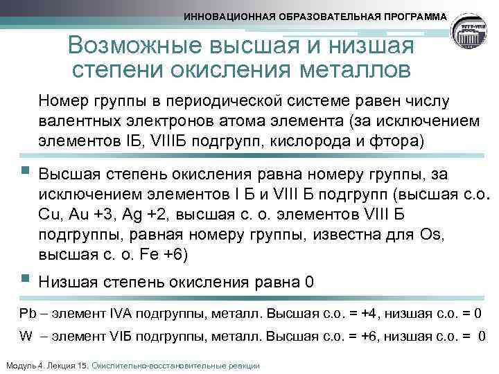 ИННОВАЦИОННАЯ ОБРАЗОВАТЕЛЬНАЯ ПРОГРАММА Возможные высшая и низшая степени окисления металлов Номер группы в периодической