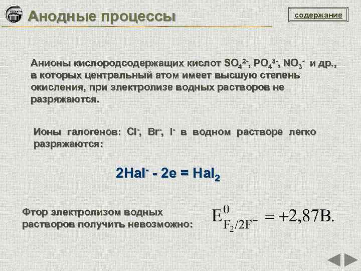 Анодные процессы содержание Анионы кислородсодержащих кислот SO 42 -, PO 43 -, NO 3