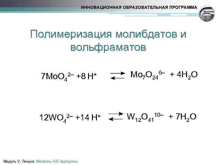 ИННОВАЦИОННАЯ ОБРАЗОВАТЕЛЬНАЯ ПРОГРАММА Полимеризация молибдатов и вольфраматов Mo 7 O 246– + 4 H