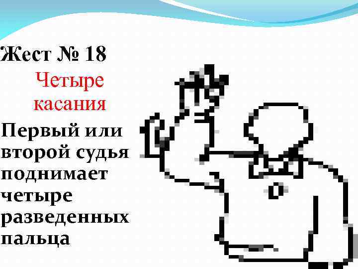 Жест № 18 Четыре касания Первый или второй судья поднимает четыре разведенных пальца 