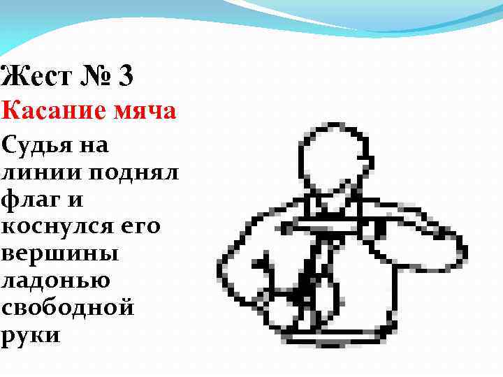 Жест № 3 Касание мяча Судья на линии поднял флаг и коснулся его вершины