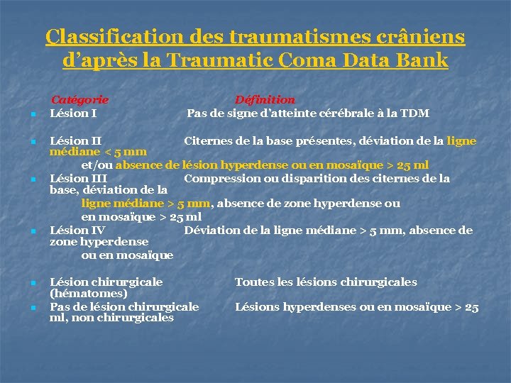 Classification des traumatismes crâniens d’après la Traumatic Coma Data Bank n n n Catégorie