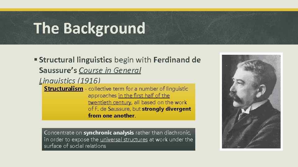 The Background § Structural linguistics begin with Ferdinand de Saussure’s Course in General Linguistics