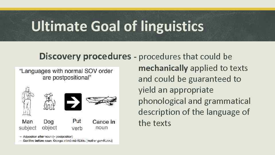 Ultimate Goal of linguistics Discovery procedures - procedures that could be mechanically applied to