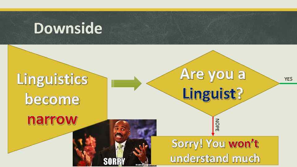 Downside NOPE Linguistics become narrow Are you a Linguist? Sorry! You won’t understand much