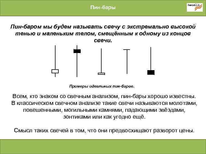 Пин-бары Пин-баром мы будем называть свечу с экстремально высокой тенью и маленьким телом, смещённым