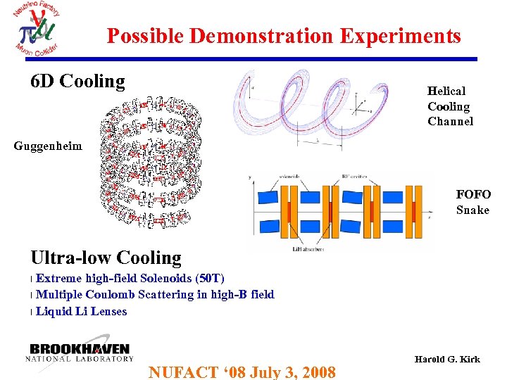 Possible Demonstration Experiments 6 D Cooling Helical Cooling Channel Guggenheim FOFO Snake Ultra-low Cooling