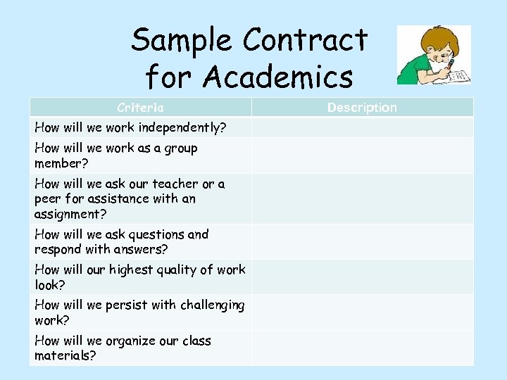 Sample Contract for Academics Criteria How will we work independently? How will we work