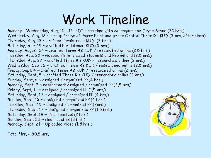 Work Timeline Monday – Wednesday, Aug. 10 – 12 ~ DI class time with