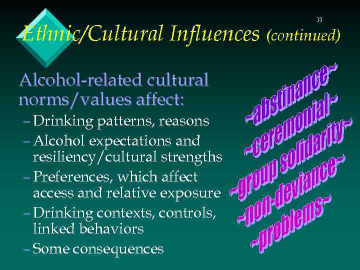 13 Ethnic/Cultural Influences (continued) Alcohol-related cultural norms/values affect: – Drinking patterns, reasons – Alcohol