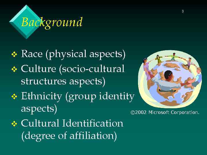 3 Background v v Race (physical aspects) Culture (socio-cultural structures aspects) Ethnicity (group identity