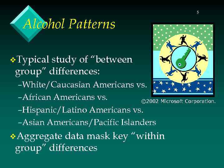 5 Alcohol Patterns v. Typical study of “between group” differences: –White/Caucasian Americans vs. –African