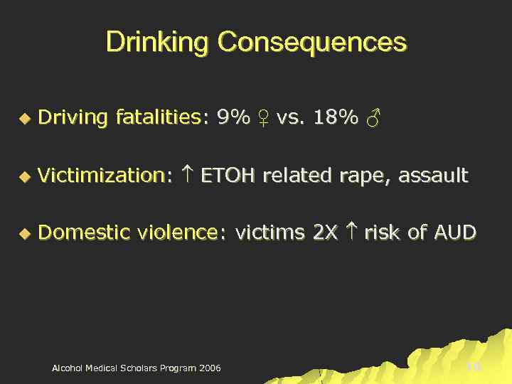 Drinking Consequences u Driving fatalities: 9% ♀ vs. 18% ♂ u Victimization: ETOH related