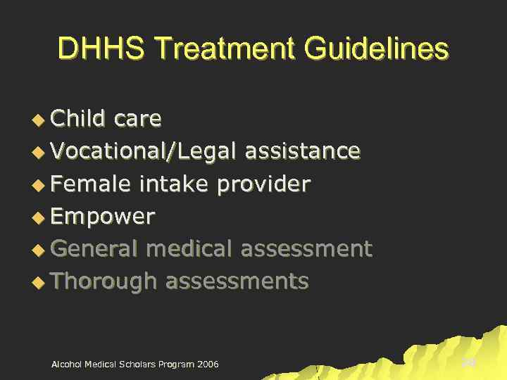 DHHS Treatment Guidelines u Child care u Vocational/Legal assistance u Female intake provider u