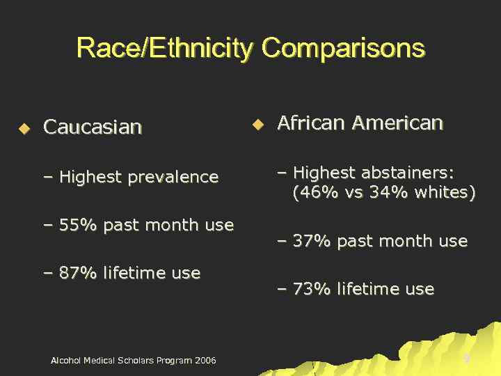 Race/Ethnicity Comparisons u Caucasian – Highest prevalence – 55% past month use – 87%