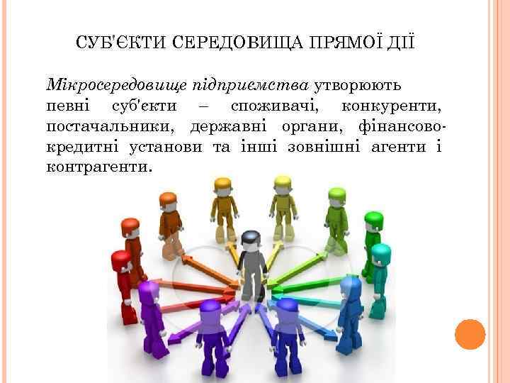 СУБ'ЄКТИ СЕРЕДОВИЩА ПРЯМОЇ ДІЇ Мікросередовище підприємства утворюють певні суб'єкти – споживачі, конкуренти, постачальники, державні