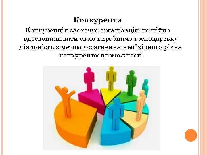 Конкуренти Конкуренція заохочує організацію постійно вдосконалювати свою виробничо-господарську діяльність з метою досягнення необхідного рівня