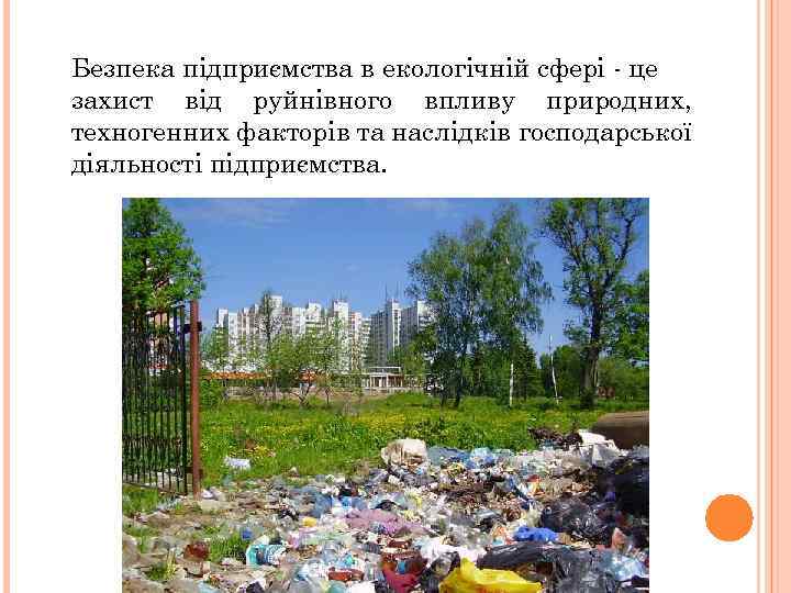 Безпека підприємства в екологічній сфері - це захист від руйнівного впливу природних, техногенних факторів