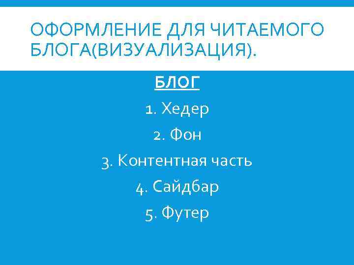 ОФОРМЛЕНИЕ ДЛЯ ЧИТАЕМОГО БЛОГА(ВИЗУАЛИЗАЦИЯ). БЛОГ 1. Хедер 2. Фон 3. Контентная часть 4. Сайдбар