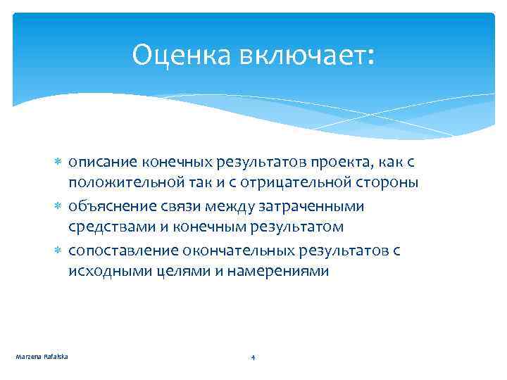 Оценка включает: описание конечных результатов проекта, как с положительной так и с отрицательной стороны