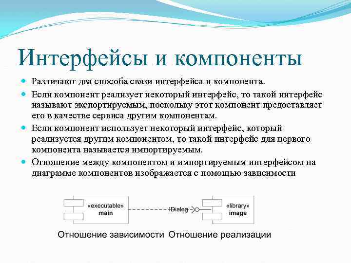 Интерфейсы и компоненты Различают два способа связи интерфейса и компонента. Если компонент реализует некоторый