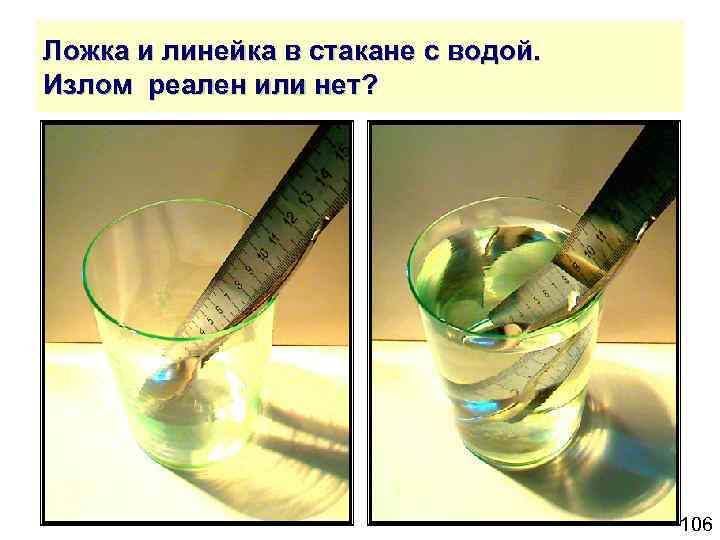 Ложка и линейка в стакане с водой. Излом реален или нет? 106 