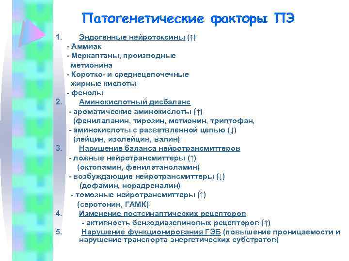 Патогенетические факторы ПЭ 1. 2. 3. 4. 5. Эндогенные нейротоксины (↑) - Аммиак -