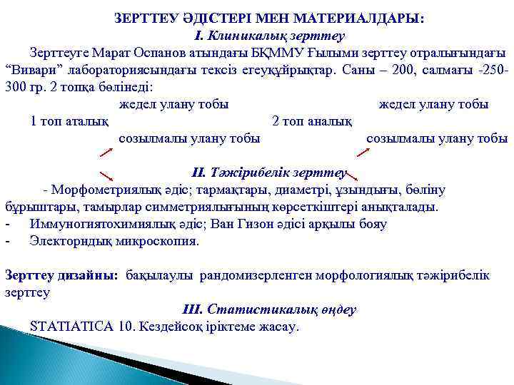 ЗЕРТТЕУ ӘДІСТЕРІ МЕН МАТЕРИАЛДАРЫ: І. Клиникалық зерттеу Зерттеуге Марат Оспанов атындағы БҚММУ Ғылыми зерттеу