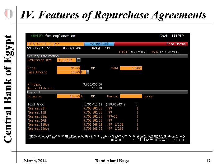 Central Bank of Egypt IV. Features of Repurchase Agreements March, 2014 Rami Aboul Naga