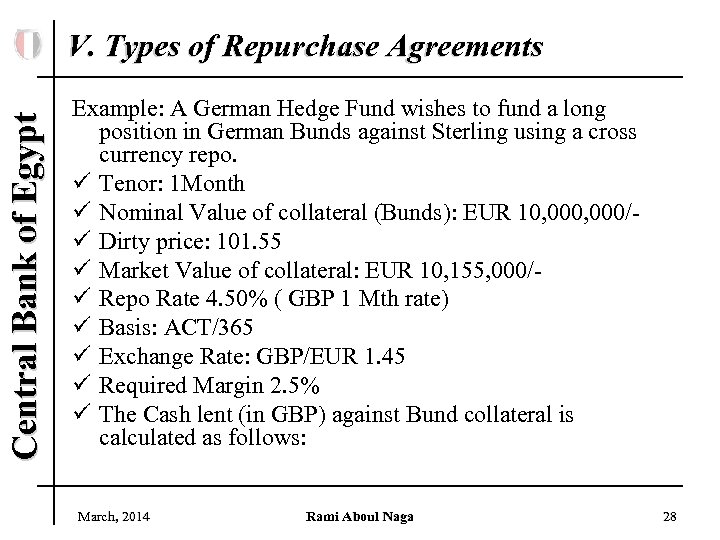 Central Bank of Egypt V. Types of Repurchase Agreements Example: A German Hedge Fund