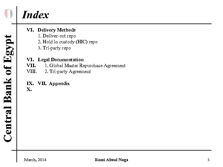 Central Bank of Egypt Index VI. Delivery Methods 1. Deliver-out repo 2. Hold in