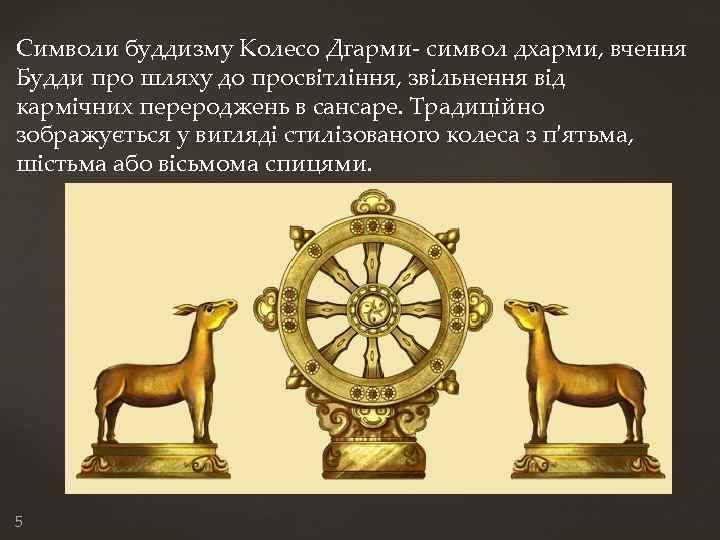 Символи буддизму Колесо Дгарми- символ дхарми, вчення Будди про шляху до просвітління, звільнення від