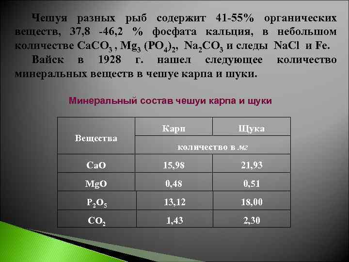 Чешуя разных рыб содержит 41 -55% органических веществ, 37, 8 -46, 2 % фосфата