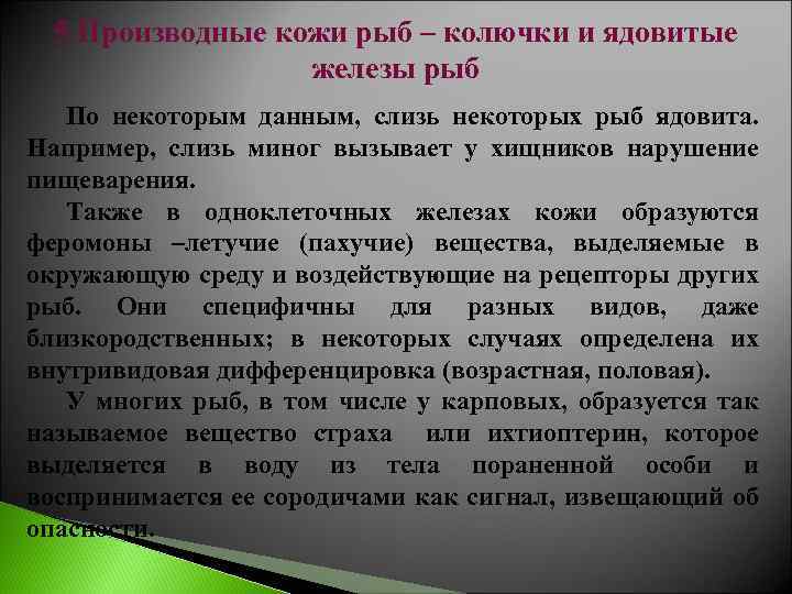 5 Производные кожи рыб – колючки и ядовитые железы рыб По некоторым данным, слизь