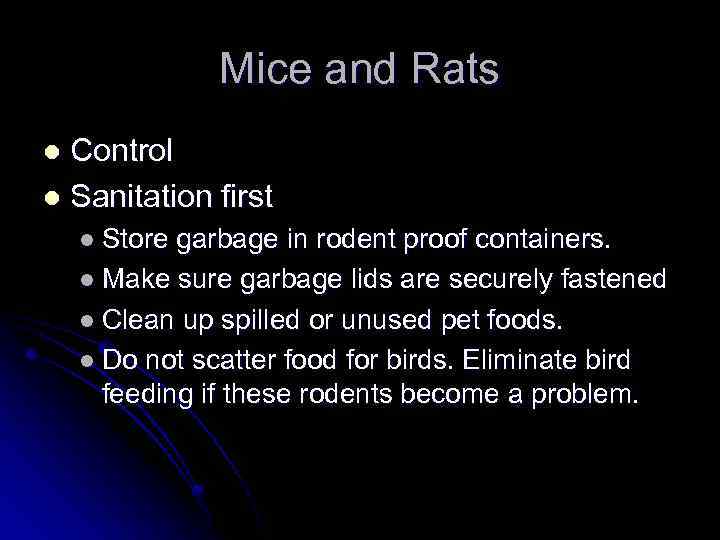 Mice and Rats Control l Sanitation first l l Store garbage in rodent proof