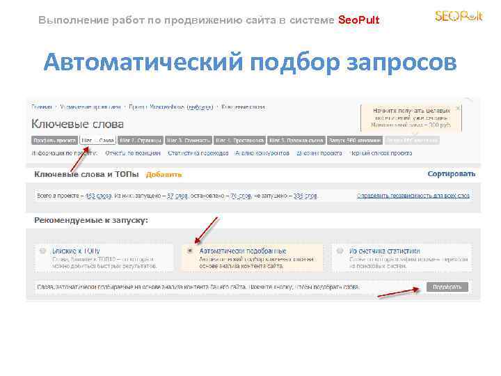 Выполнение работ по продвижению сайта в системе Seo. Pult Автоматический подбор запросов 
