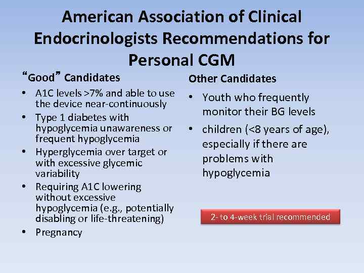 American Association of Clinical Endocrinologists Recommendations for Personal CGM “Good” Candidates Other Candidates •