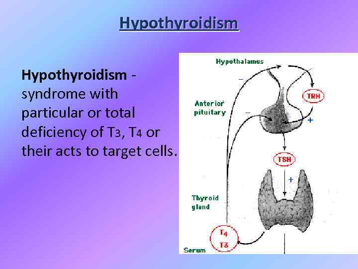Нypothyroidism Hypothyroidism - syndrome with particular or total deficiency of T 3, T 4