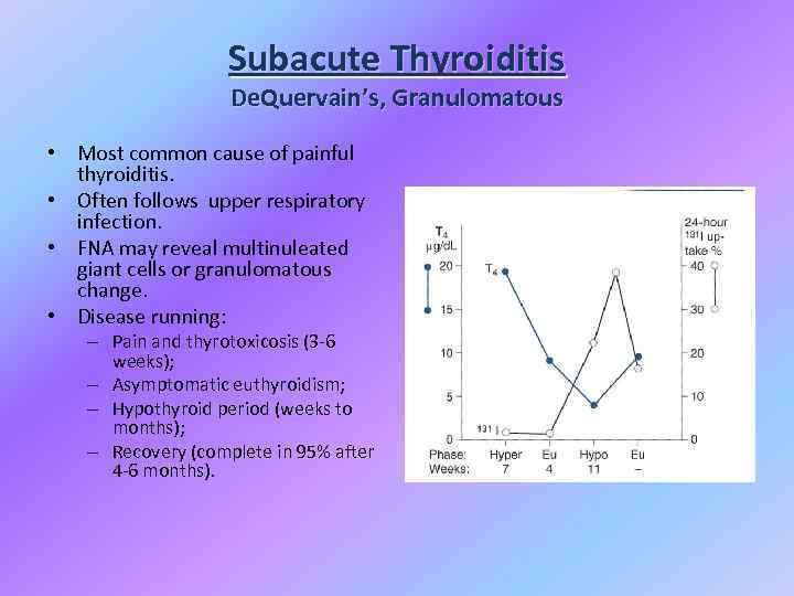Subacute Thyroiditis De. Quervain’s, Granulomatous • Most common cause of painful thyroiditis. • Often