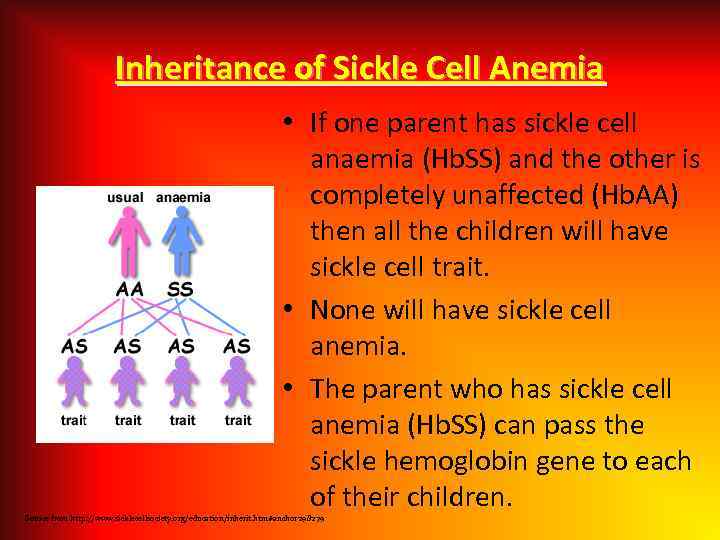 Inheritance of Sickle Cell Anemia • If one parent has sickle cell anaemia (Hb.