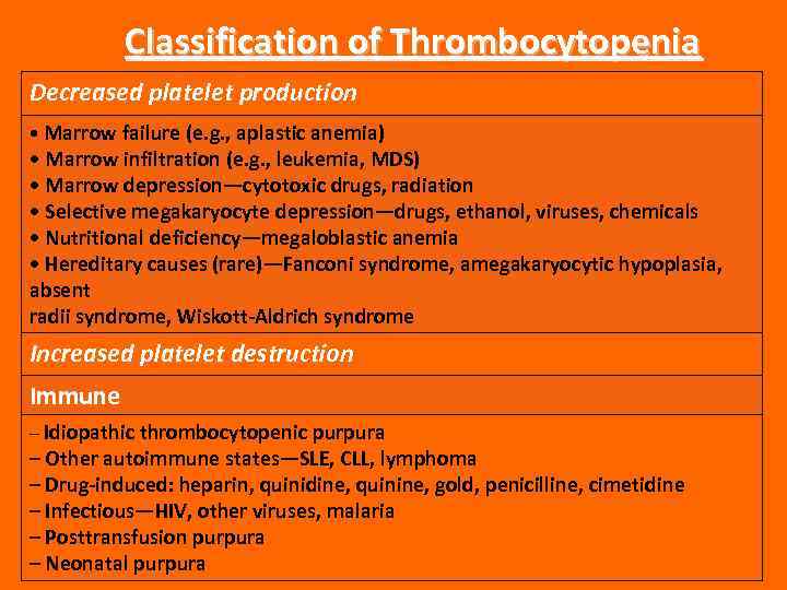 Classification of Thrombocytopenia Decreased platelet production • Marrow failure (e. g. , aplastic anemia)