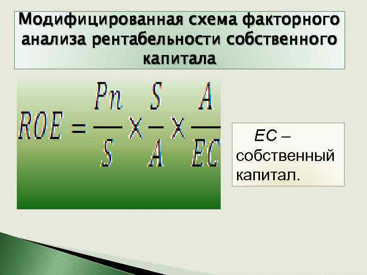 Модифицированная схема факторного анализа рентабельности собственного капитала EC – собственный капитал. 