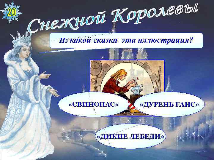 Из какой сказки эта иллюстрация? «СВИНОПАС» «ДУРЕНЬ ГАНС» «ДИКИЕ ЛЕБЕДИ» 